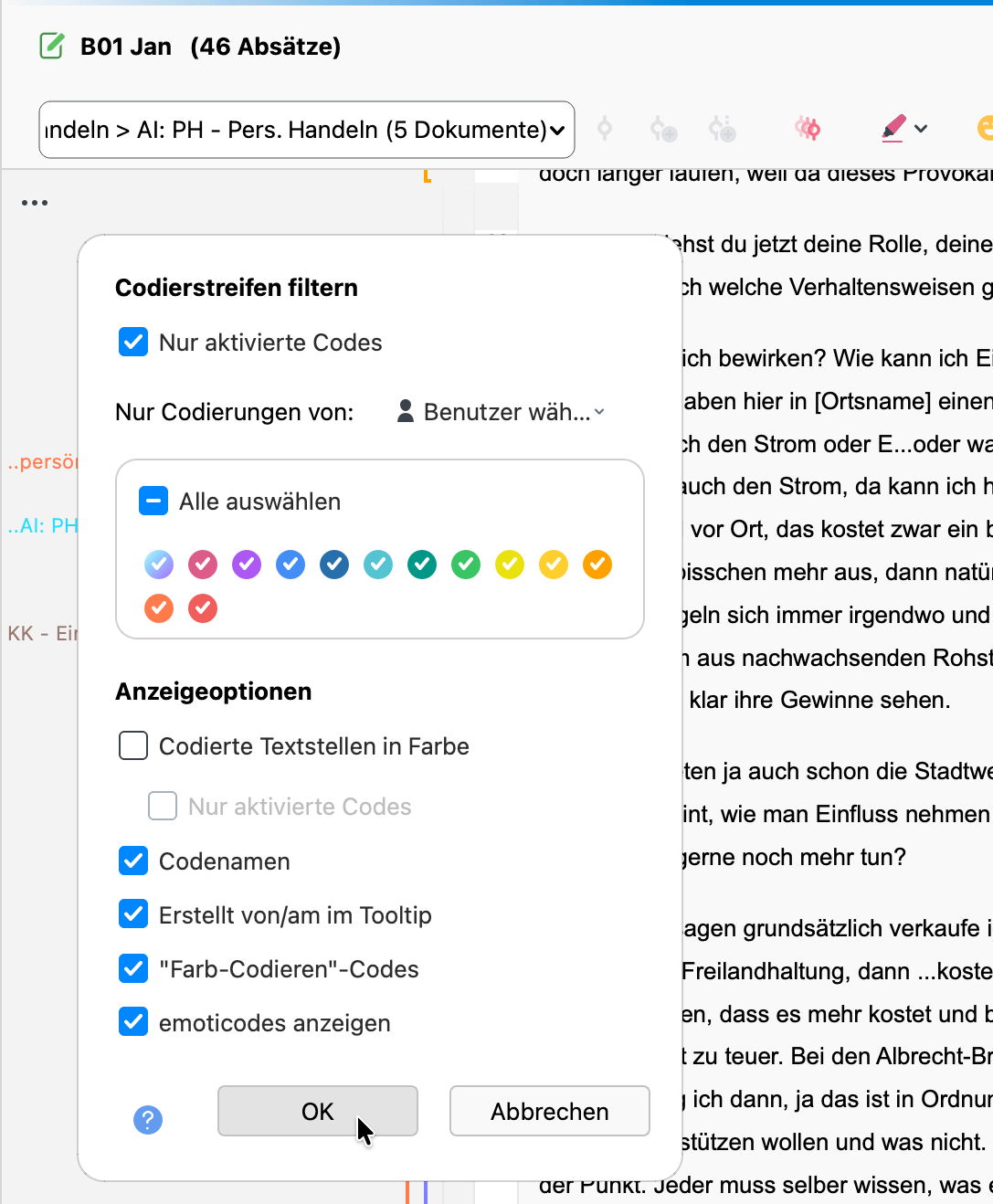 Filtern der angezeigten Codes durch Anpassen der Einstellungen für die Visualisierung der Codierstreifen