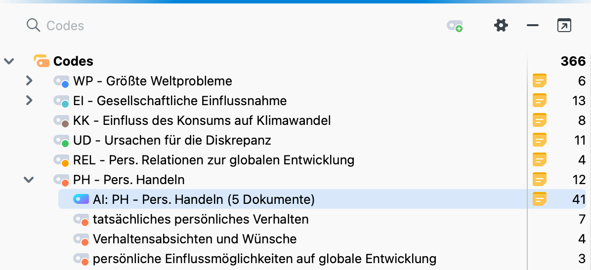 KI-generierte Codes in der „Liste der Codes“