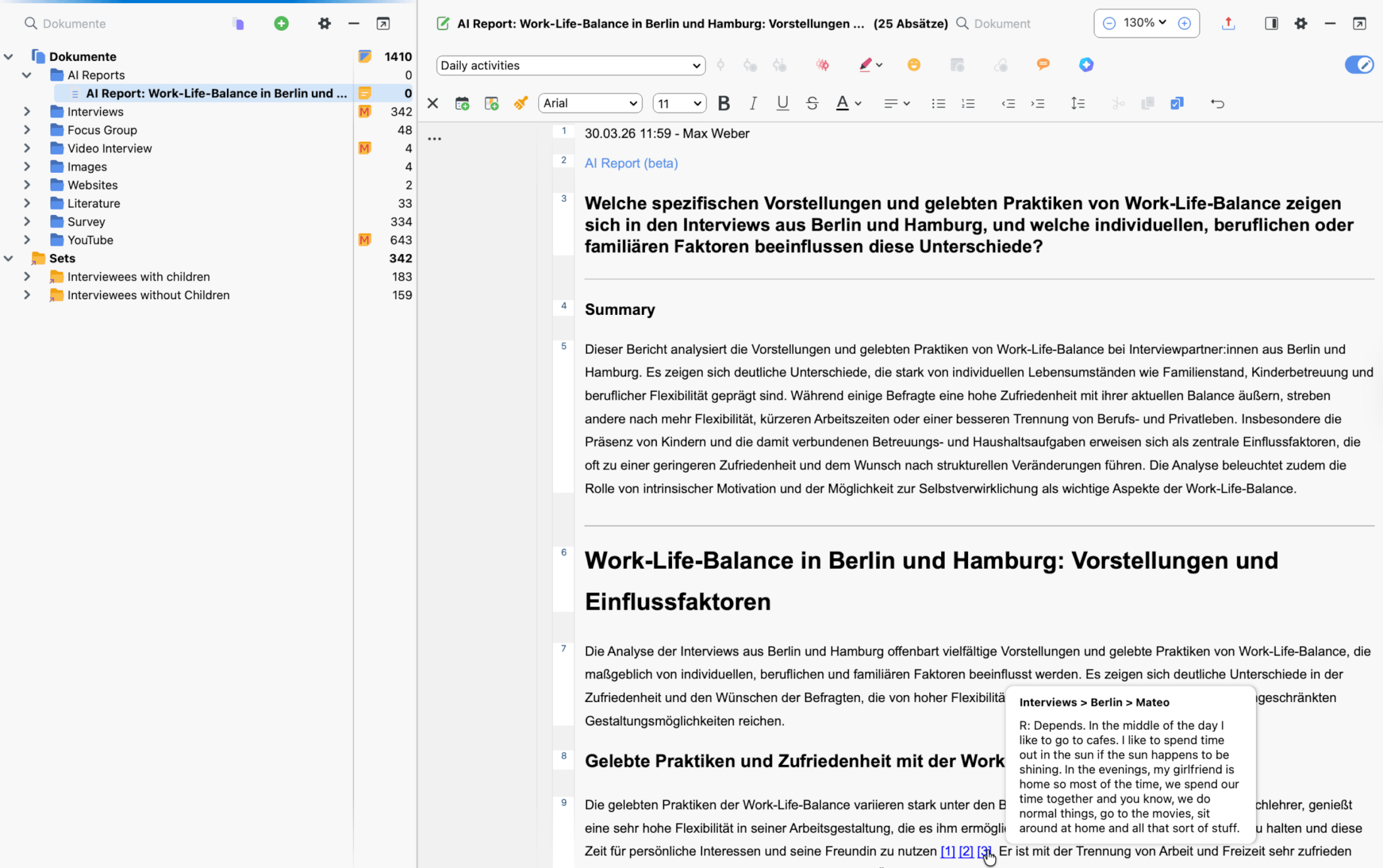 Screenshot eines generierten AI Reports im Dokument-Browser mit Erstellungsdatum, Analysefrage, Abstract, Hauptinhalt mit thematischen Abschnitten und interaktiven Referenzen auf die Quelldokumente