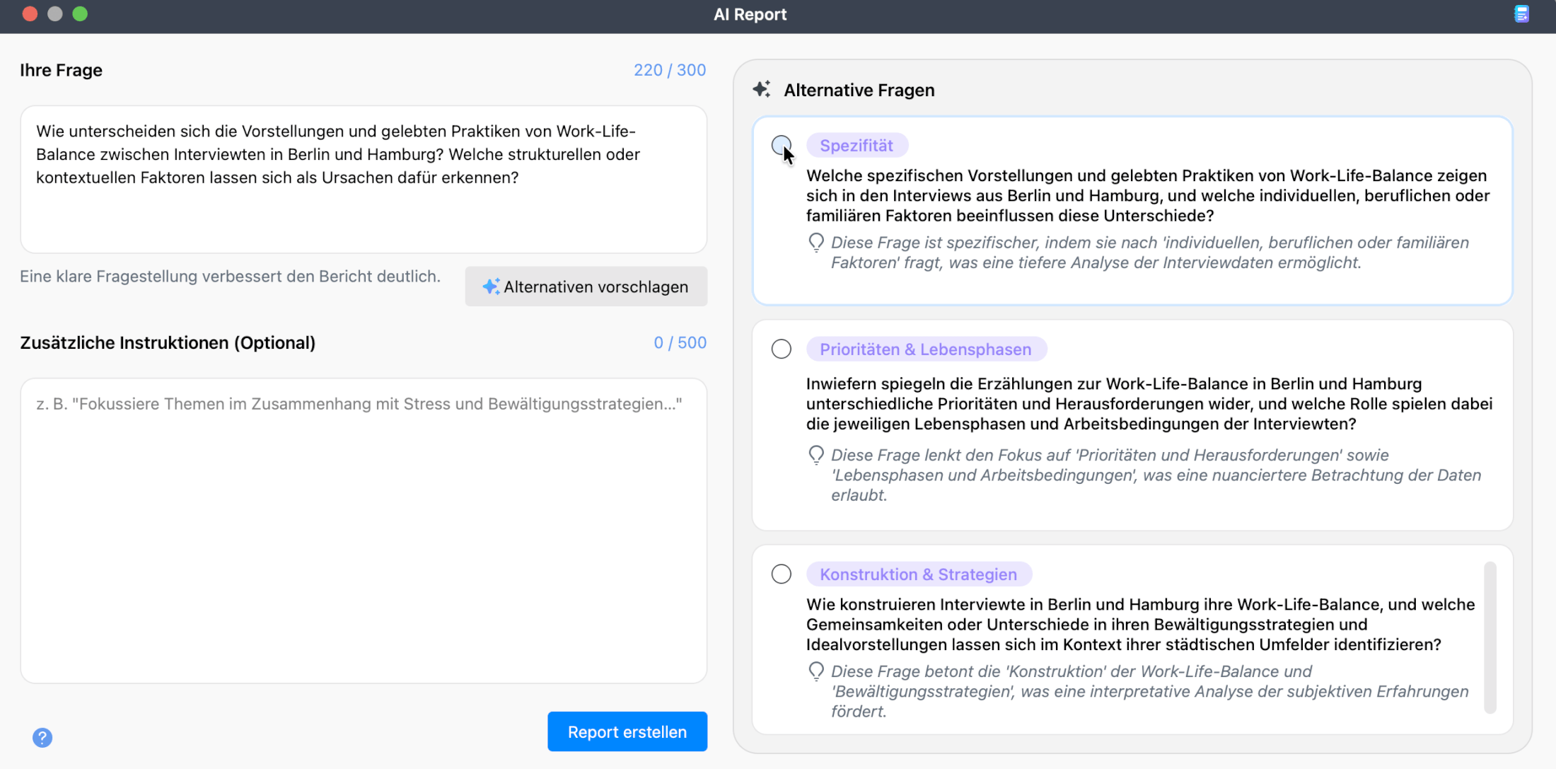 Screenshot des AI-Report-Einrichtungsdialogs mit dem Feld "Ihre Frage", dem Feld "Zusätzliche Anweisungen" und drei KI-generierten alternativen Fragen mit Bezeichnungen und Erläuterungen