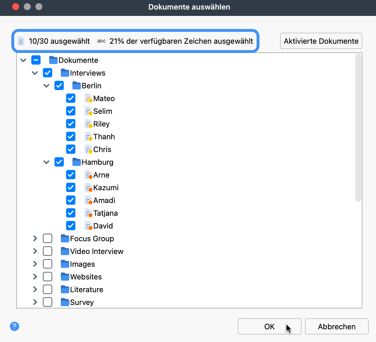 Beginnen Sie den Chart, indem Sie eines oder mehrere Dokumente auswählen Screenshot des Auswahldialogs in MAXQDA, in dem Benutzer:innen ein oder mehrere Dokumente für den KI-Chat auswählen können. Er enthält auch die Zeichen- und Dokumentenlimits.