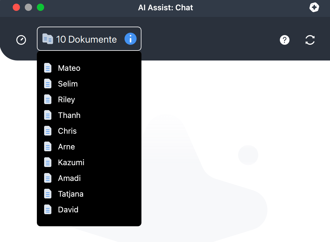Screenshot der MAXQDA AI Chat-Oberfläche mit Zoom auf die Anzeige der ausgewählten Elemente und einer Dropdown-Liste der ausgewählten Dokumente