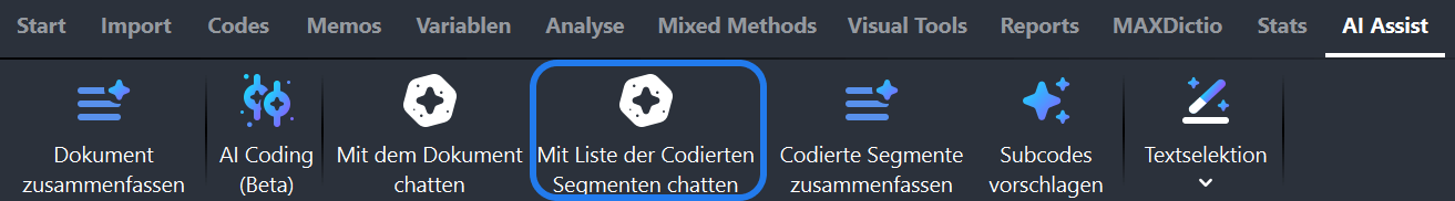 Chatten Sie mit kodierten Segmenten über das Hauptmenü von AI Assist Chatten Sie mit kodierten Segmenten über das Hauptmenü von AI Assist