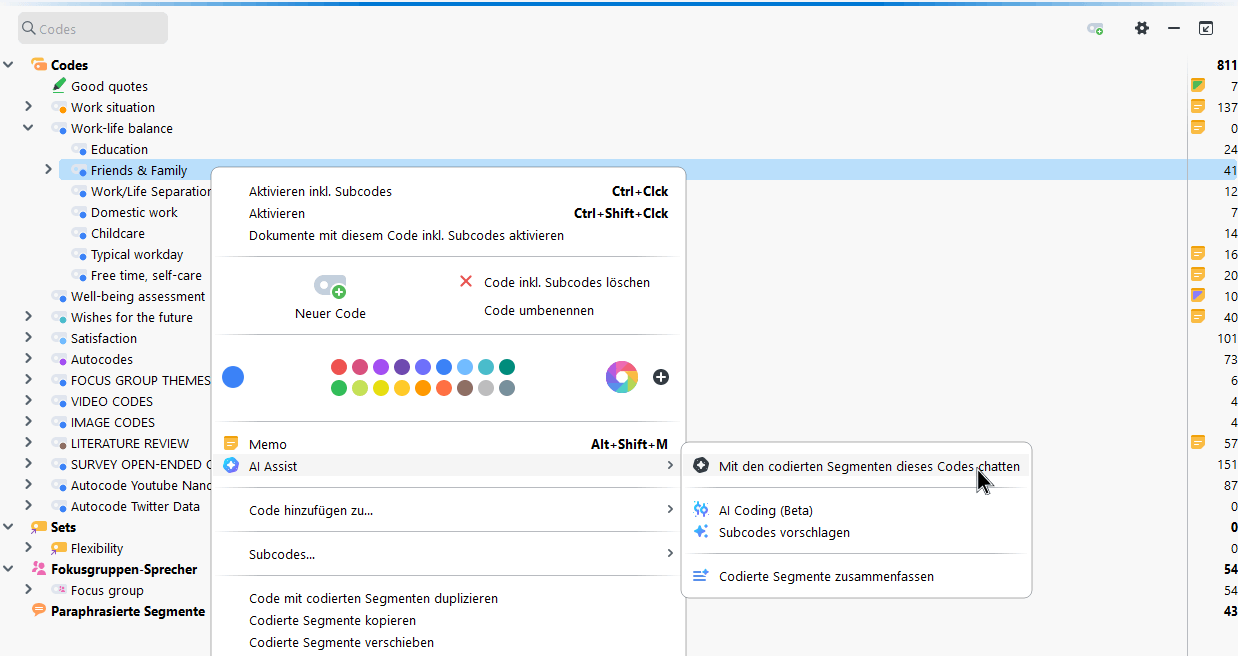 Chatten mit codierten Segmenten über das Kontextmenü für einen Code Chatten mit codierten Segmenten über das Kontextmenü für einen Code