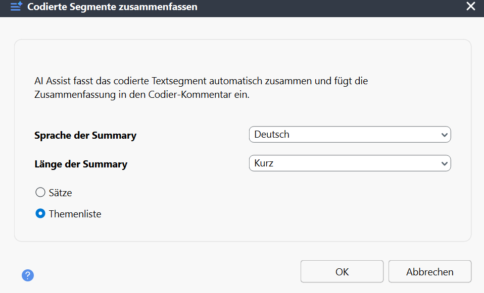 Codierte Segment Zusammenfassung Einstellungen Codierte Segment Zusammenfassung Einstellungen