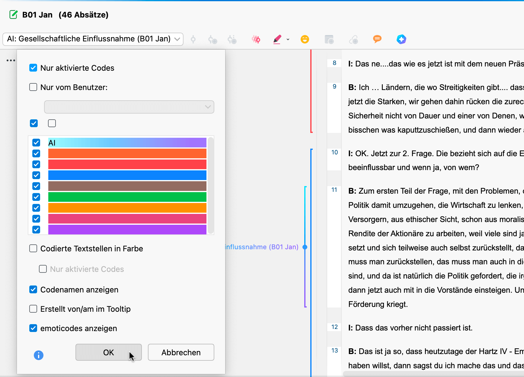 Filtern der angezeigten Codes durch Anpassen der Einstellungen für die Visualisierung der Codierstreifen iltern der angezeigten Codes durch Anpassen der Einstellungen für die Visualisierung der Codierstreifen