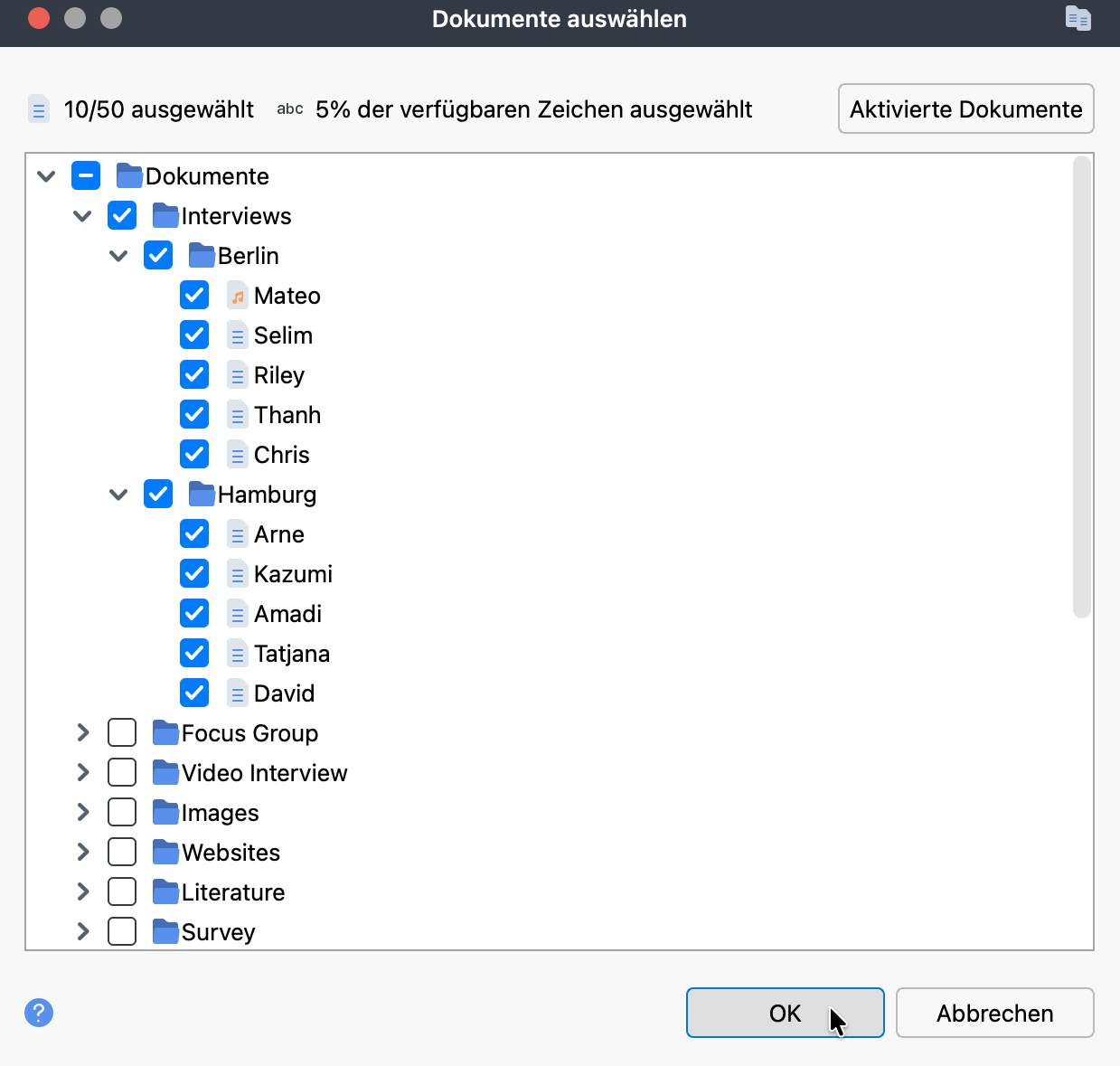 Screenshot des AI Report-Fensters zur Dokumentauswahl mit ausgewählten Dokumenten, Dokumentanzahl und Anzeige des Zeichenlimits