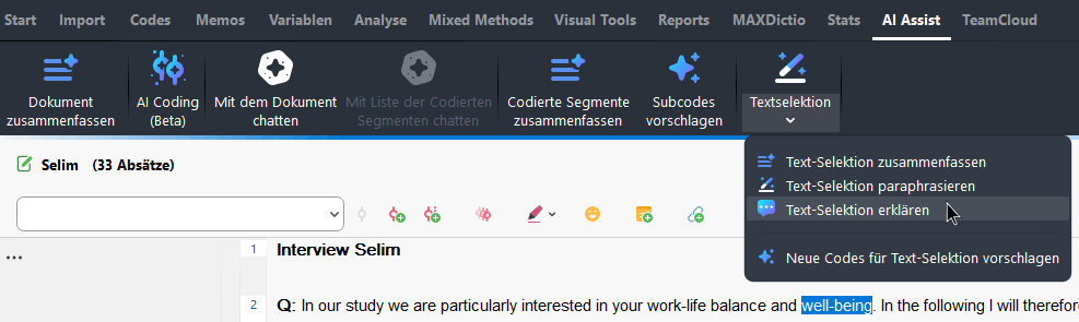 Über das AI Assist-Hauptmenü den markierten Text erklären