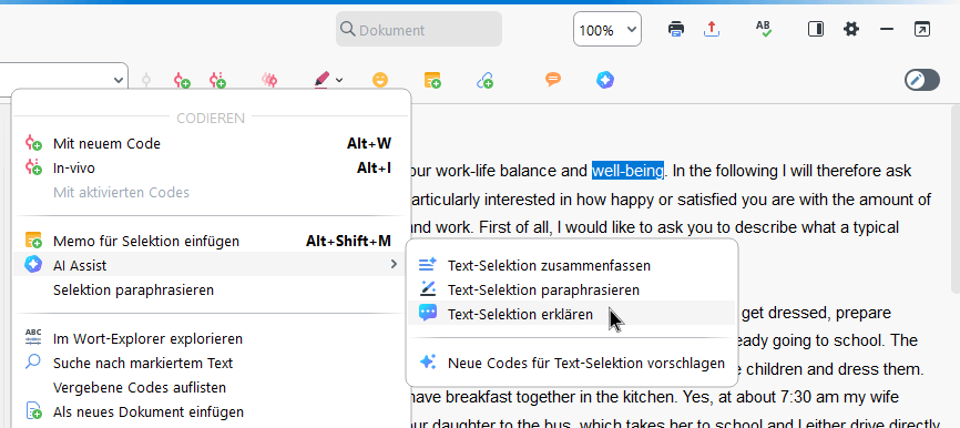 Mit der rechten Maustaste klicken, um markierten Text zu erklären