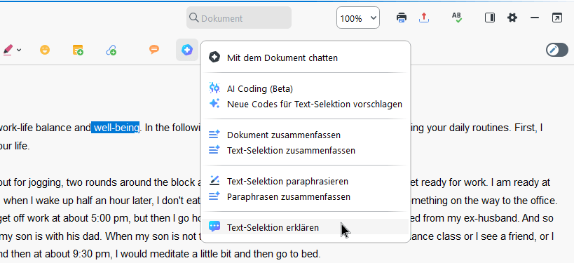 Erklären Sie den markierten Text über die Symbolleiste „Dokument-Browser“