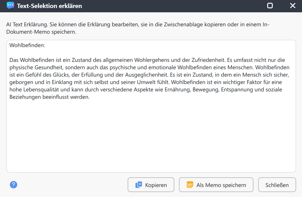 Wählen Sie, wie Sie mit der Erklärung fortfahren möchten (als Memo speichern, in die Zwischenablage kopieren oder verwerfen) Dialogfeld mit Optionen zur Speicherung, Kopierung oder Verwerfung der von KI generierten Erklärung
