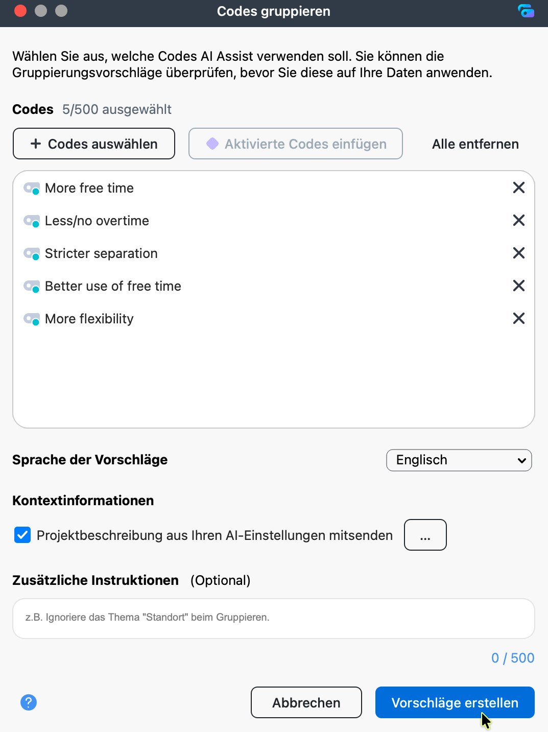 Codes und Optionen für „Codes gruppieren“ auswählen Der Dialog „Codes gruppieren“ mit einer Liste ausgewählter Codes, der Sprache der Vorschläge, der Option zum Mitsenden der Projektbeschreibung und dem Feld für zusätzliche Instruktionen