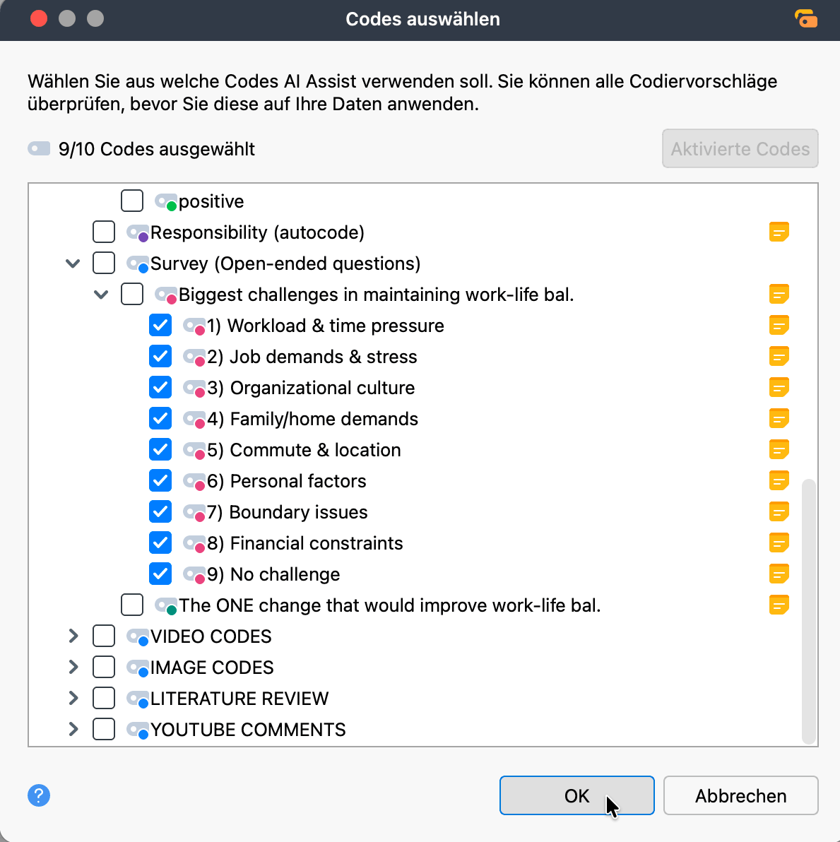 Anzuwendende Codes für AI Coding auswählen Anzuwendende Codes für AI Coding auswählen