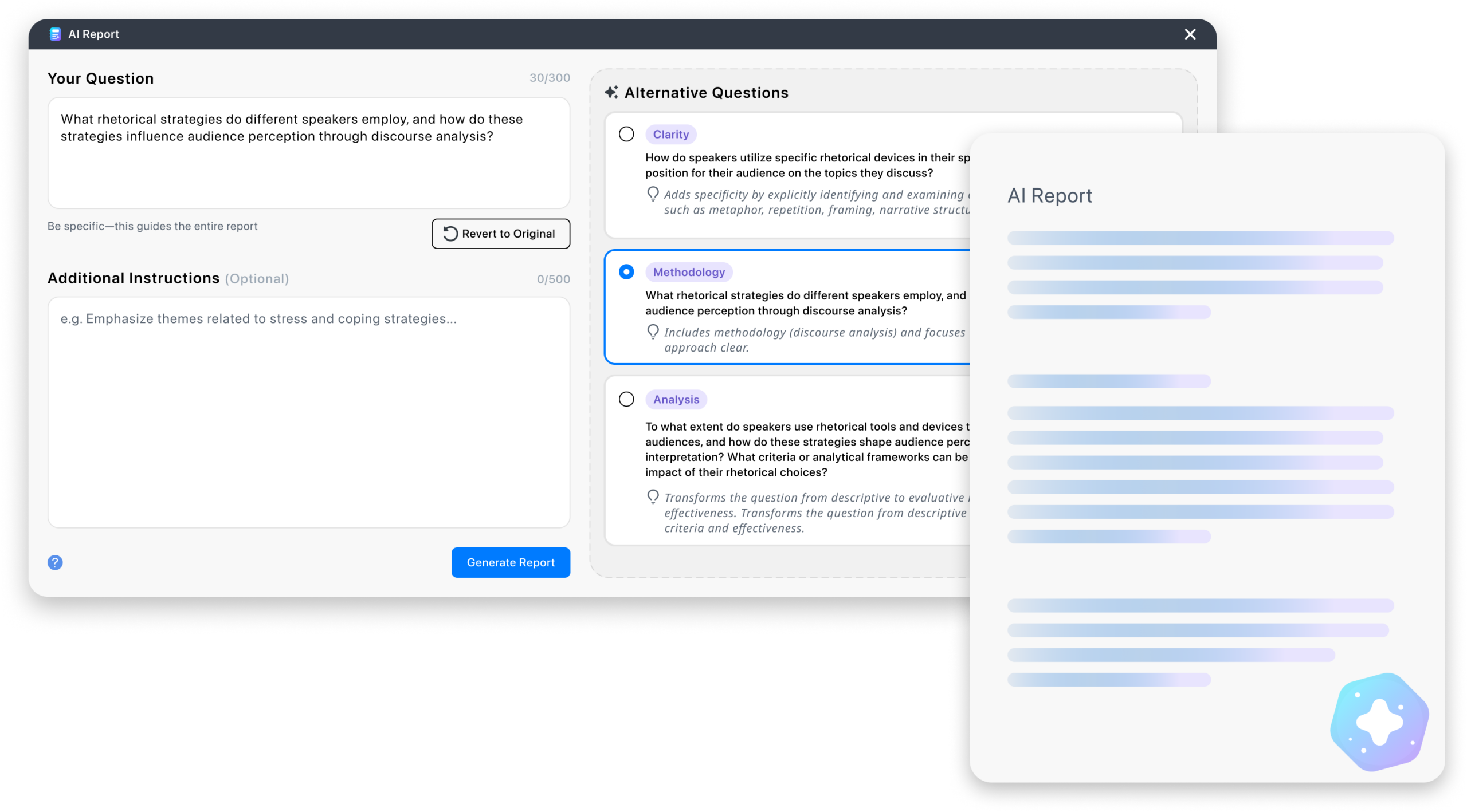 AI Report window with question and suggested alternatives.