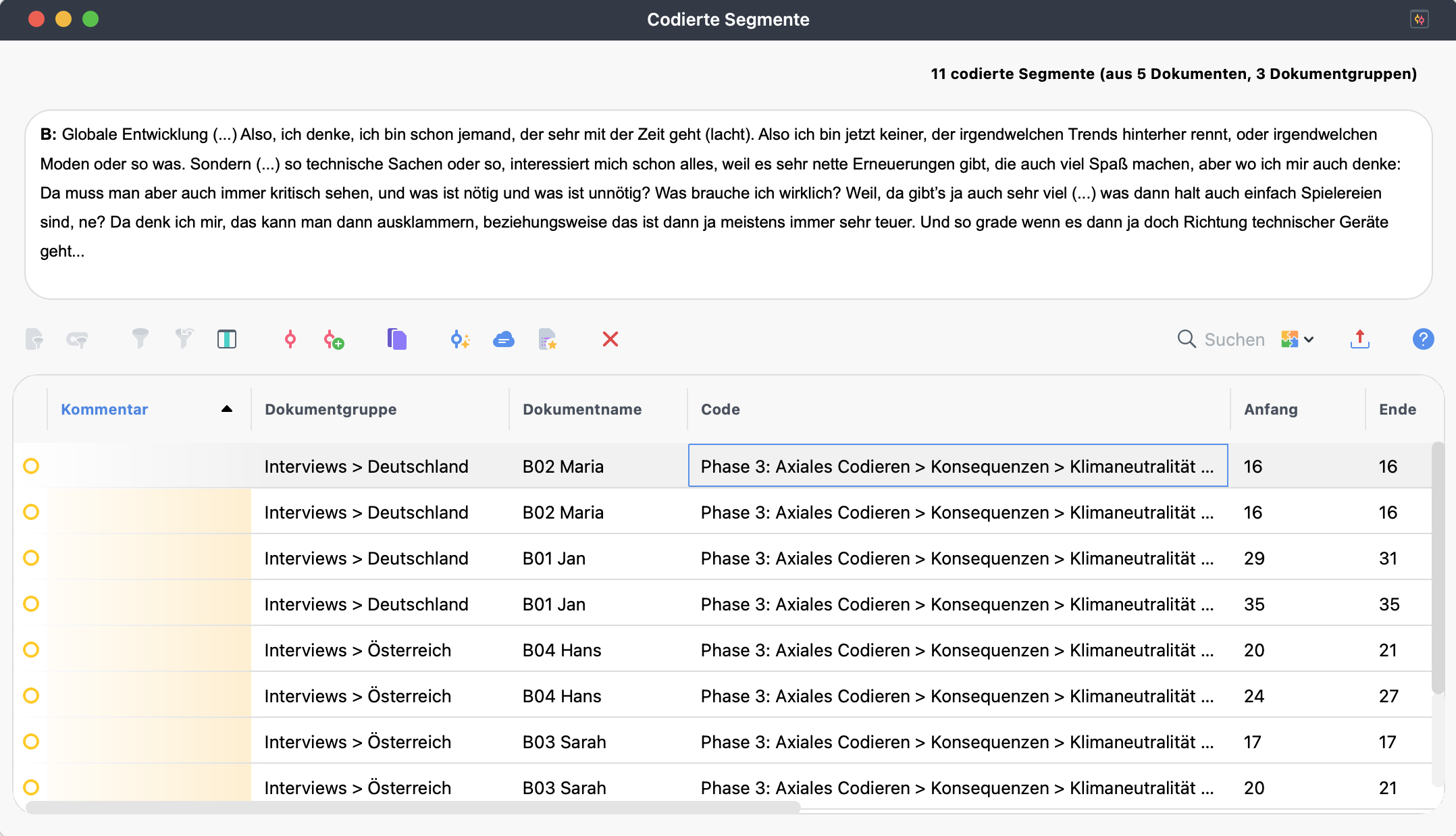 Fenster „Liste der kodierten Segmente“