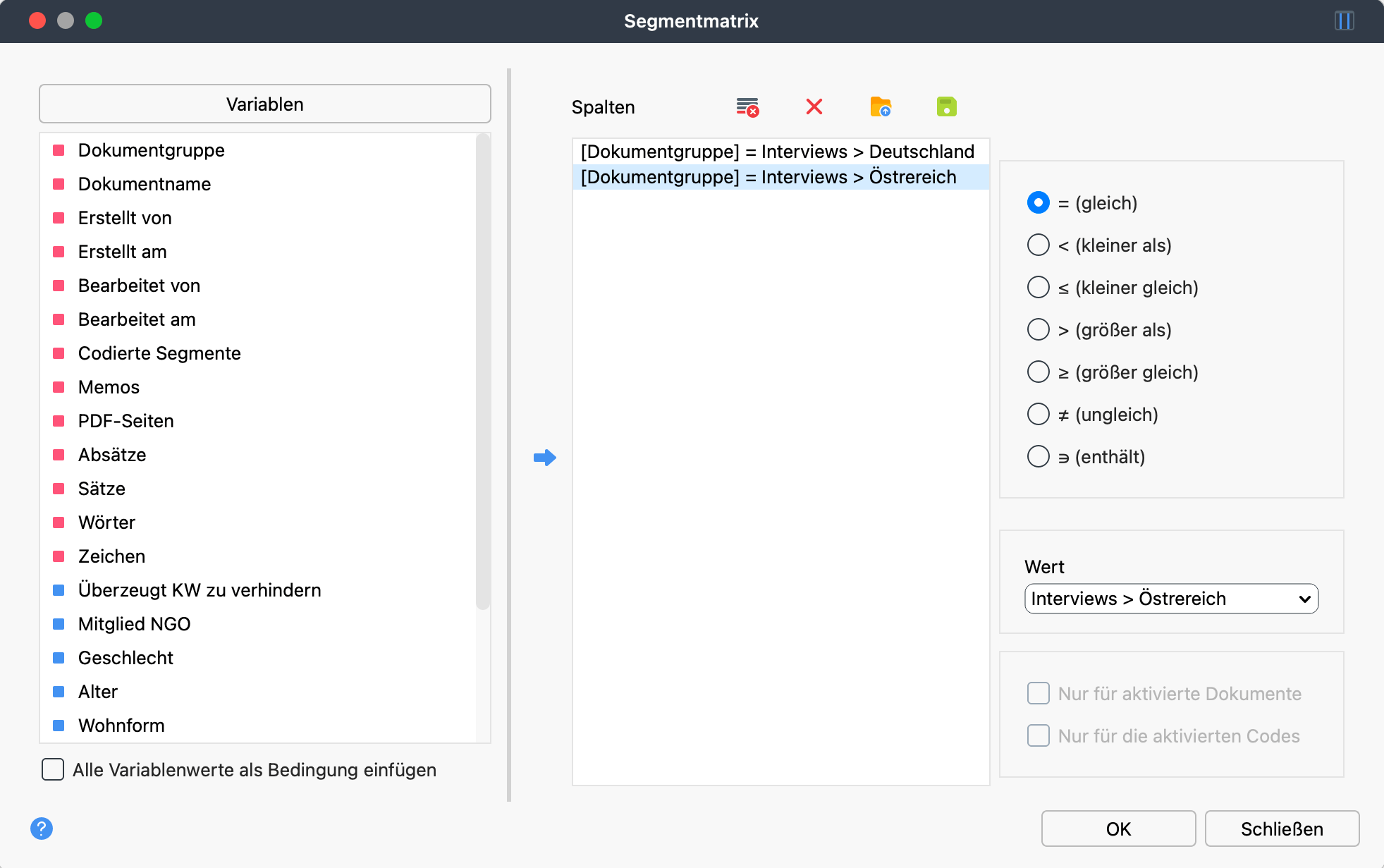 Axiales Kodieren - Segment-Matrix: Gruppen zum Vergleich auswählen