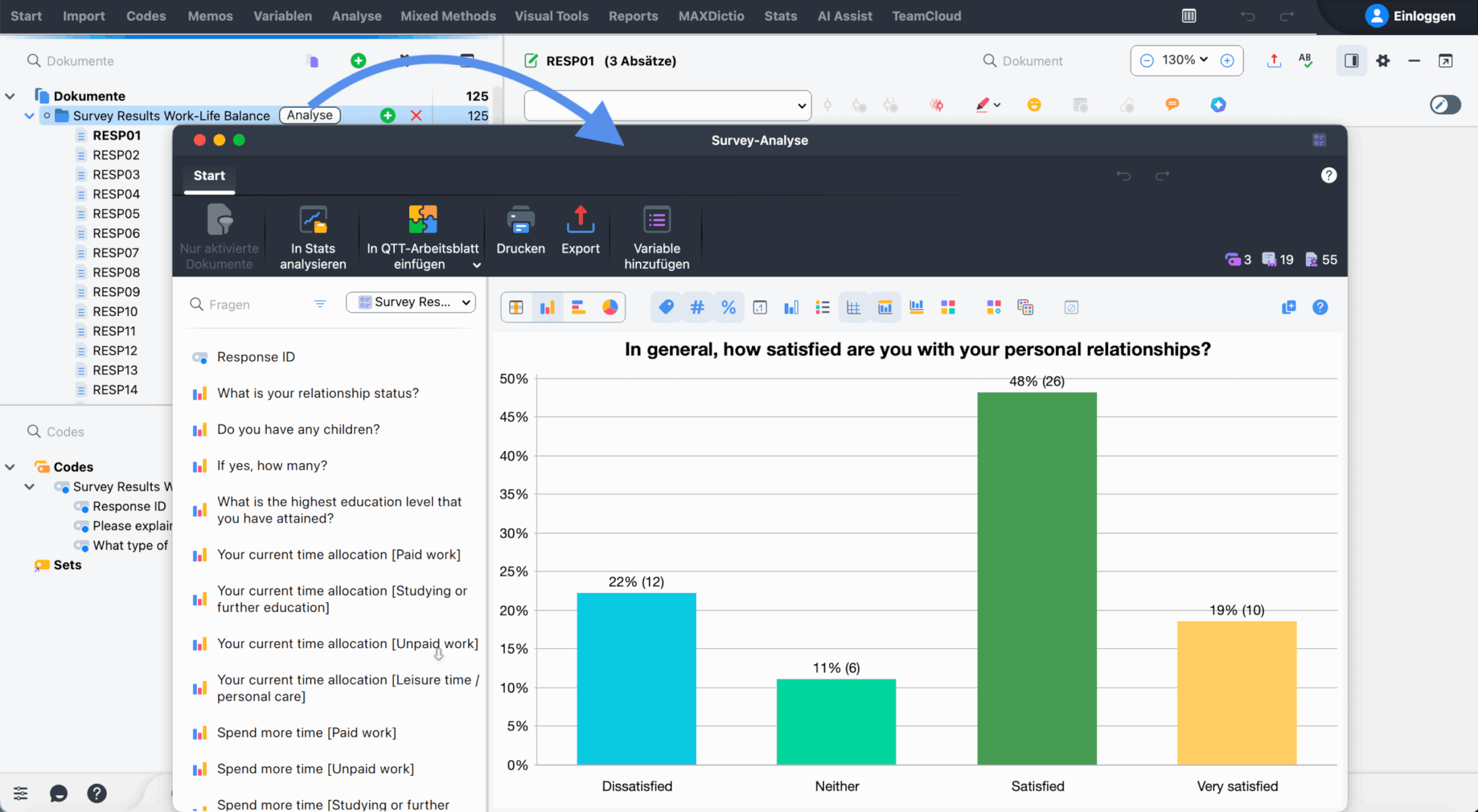 Annotierter MAXQDA-Screenshot, der den Analyse-Button neben der Survey-Dokumentengruppe im Dokument-Browser zeigt. Der Arbeitsbereich für die Surveyanalyse ist geöffnet und zeigt den Fragen-Browser und ein Diagramm für eine quantitative Frage.