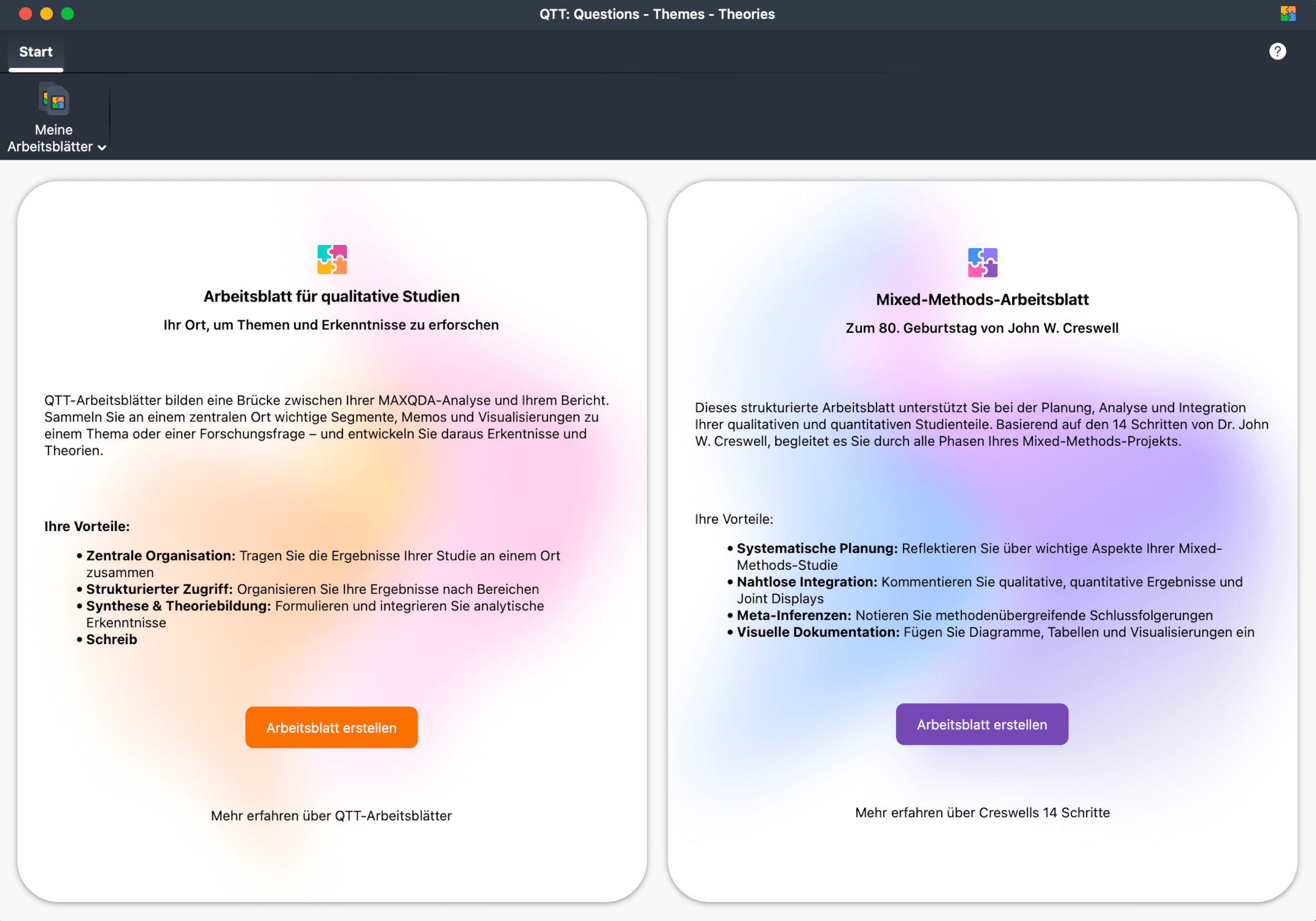 Screenshot des QTT-Arbeitsbereichs, der zeigt, wie Benutzer wählen können, ob sie mit einem qualitativen Arbeitsblatt oder dem Mixed-Methods-Arbeitsblatt arbeiten möchten