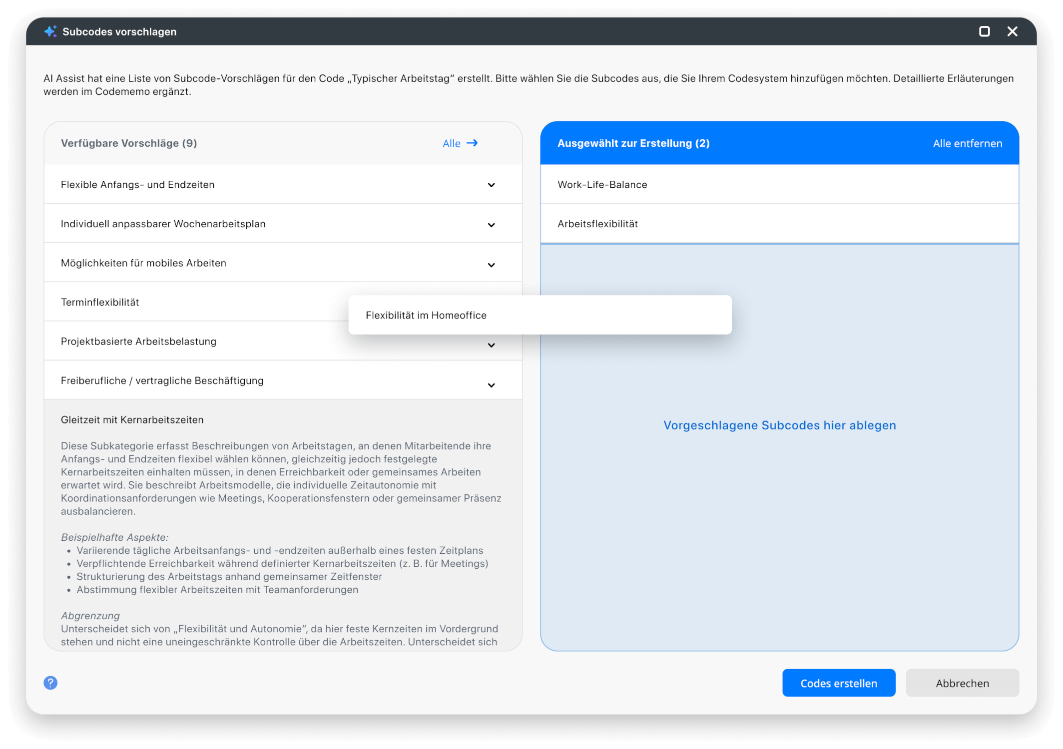 Bild zeigt AI-gestützten Subcode-Vorschlagsdialog in MAXQDA mit erweitertem Subcode, der seine Beschreibung, Beispielaspekte und Abgrenzung zeigt