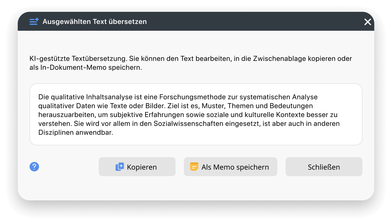 Beispielbild einer von MAXQDA AI Assist generierten Übersetzung eines Textsegments