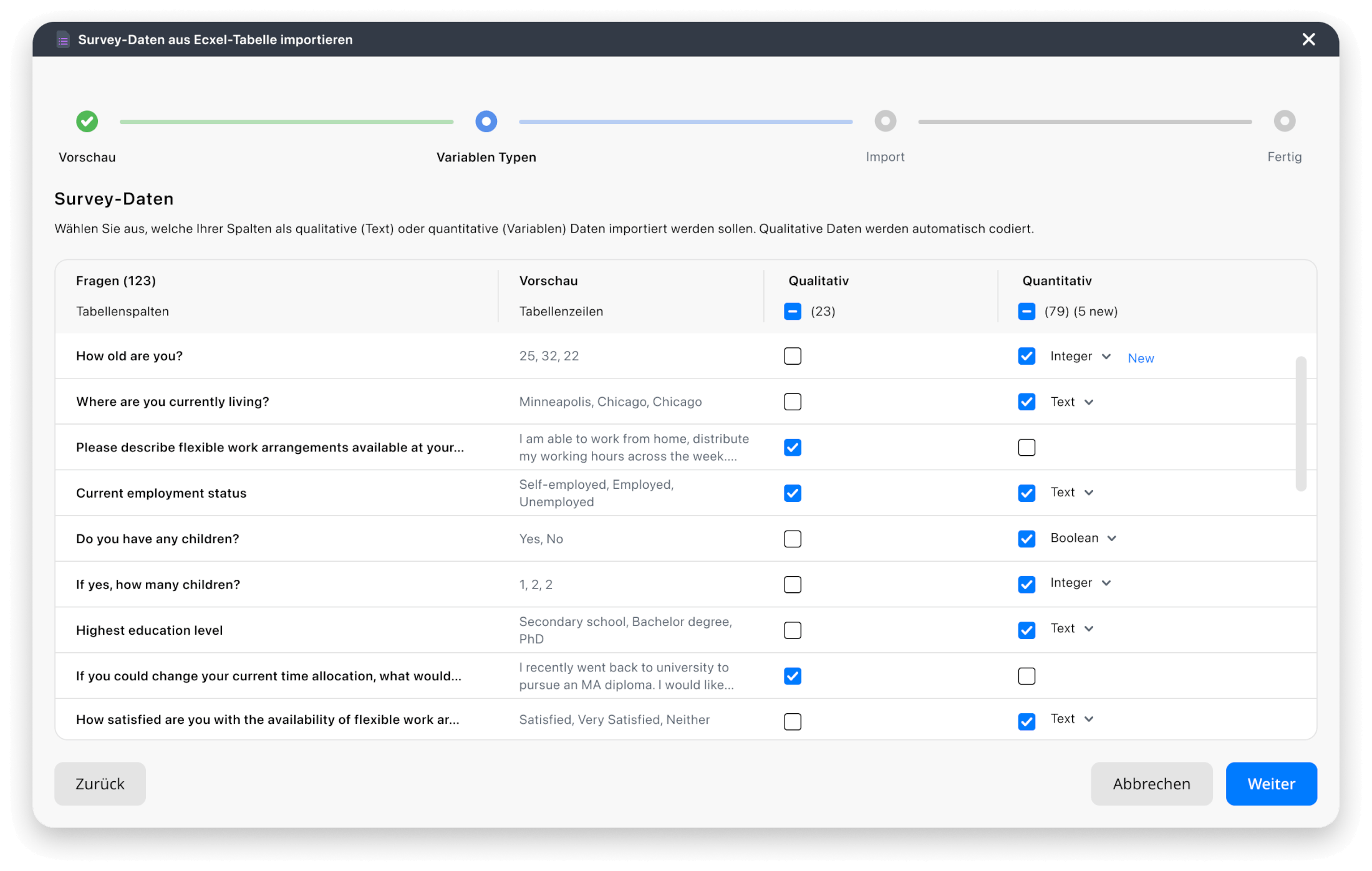Survey import: clearer data type selection with live preview. Screenshot des MAXQDA 24.11-Umfrageimport-Assistenten, der die Phase „Datentypen“ anzeigt, in der Benutzer qualitative oder quantitative Datentypen auswählen und eine Vorschau der Spalteninhalte und Variableneinstellungen anzeigen können.