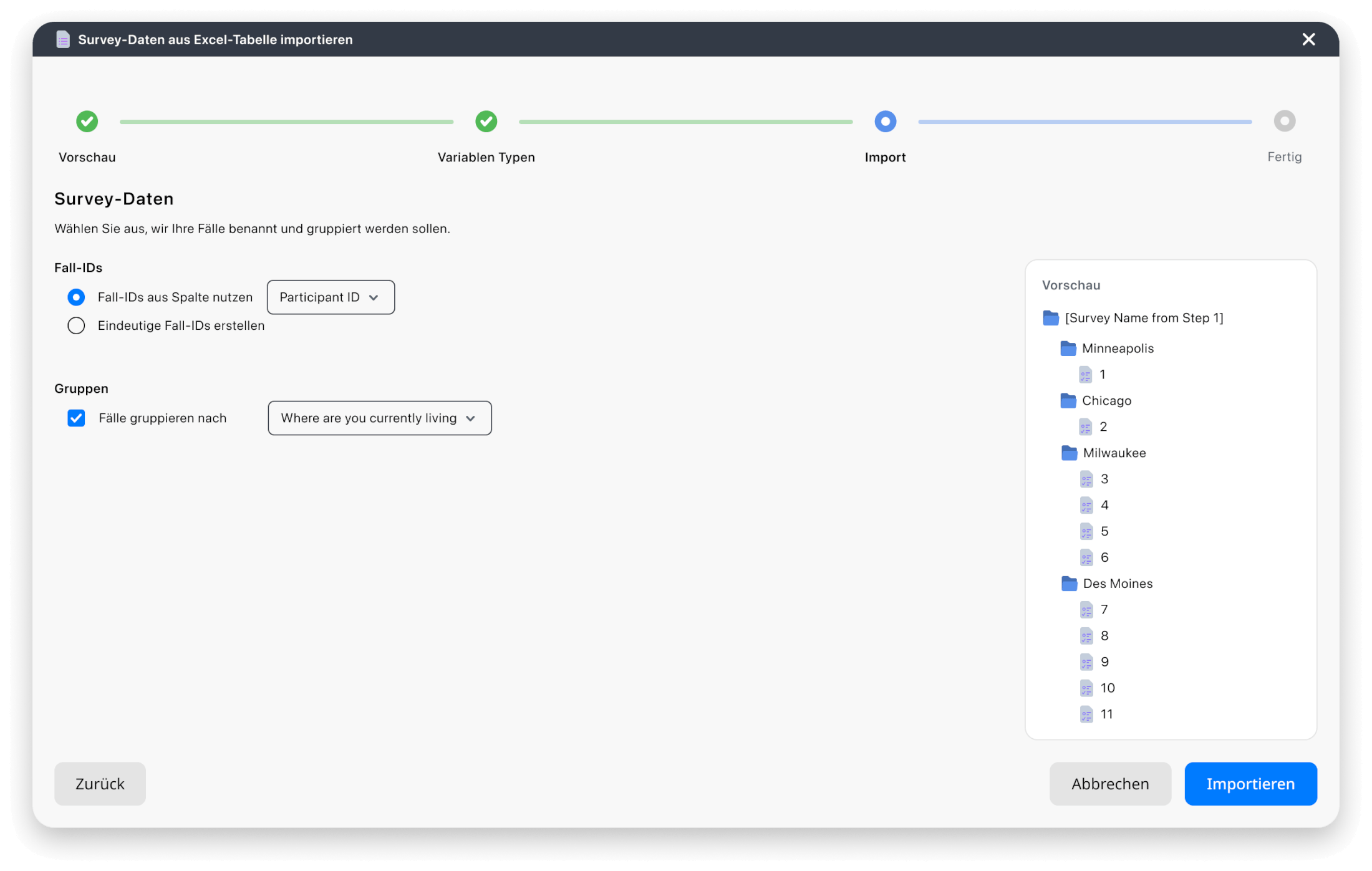 Survey import:Smarter case IDs and grouping in the Import phase. Screenshot, der zwei MAXQDA-Suchleisten nebeneinander vergleicht und je nach Suchkontext verschiedene verfügbare Symbole und Optionen anzeigt..