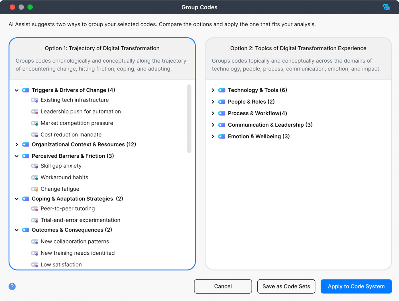 Screenshot: AI Assist gruppiert Codes zu neuen übergeordneten Codes in MAXQDA
