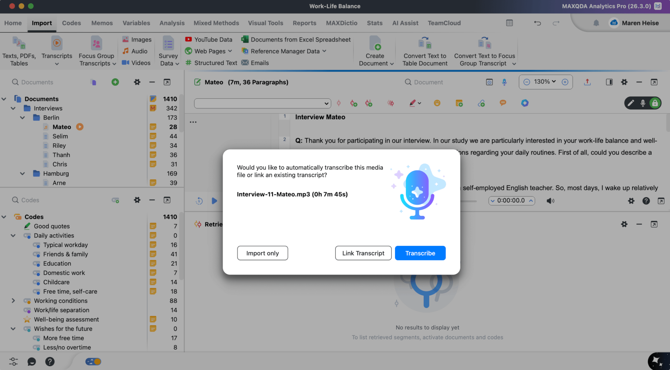Dialog for importing and automatically transcribing an audio file in MAXQDA