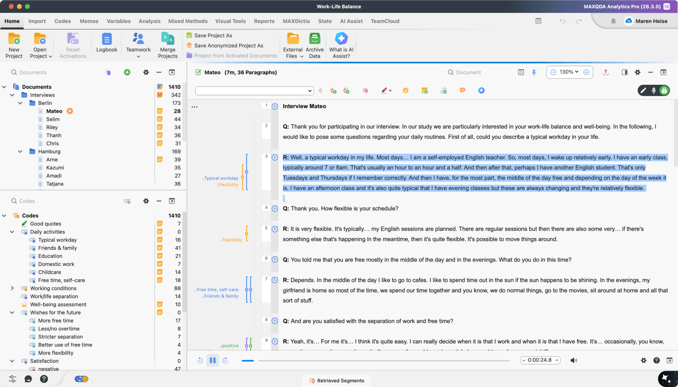 Transcript with Timestamps synchronized with the original recording in MAXQDA