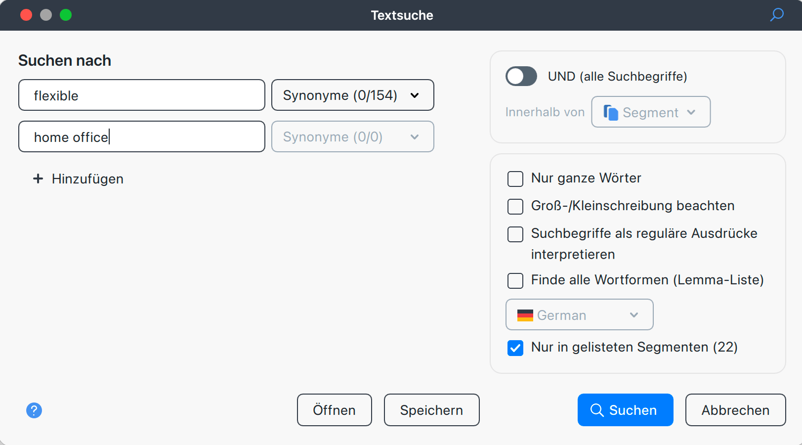 Das Fenster mit den Textsuchoptionen