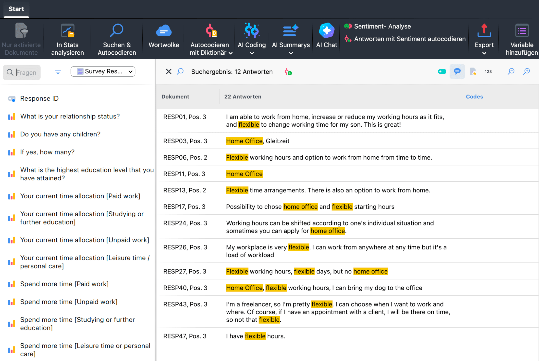 Liste der Suchtreffer und Autocode-Optionen