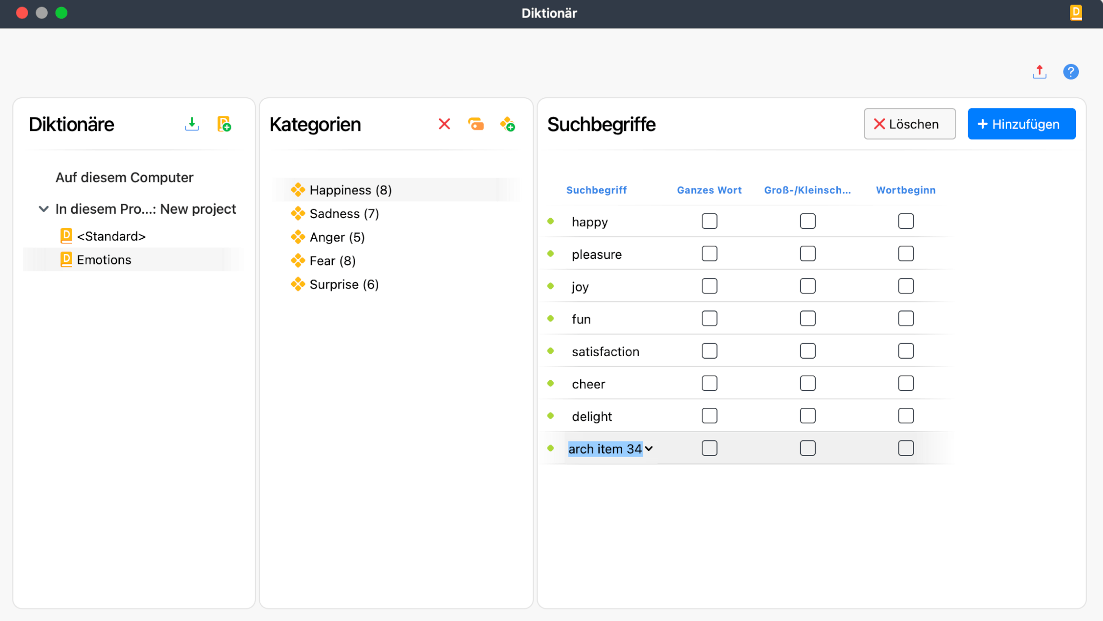 Screenshot des Dictionary-Managers mit einem Beispiel-Dictionary und einer Kategorie.