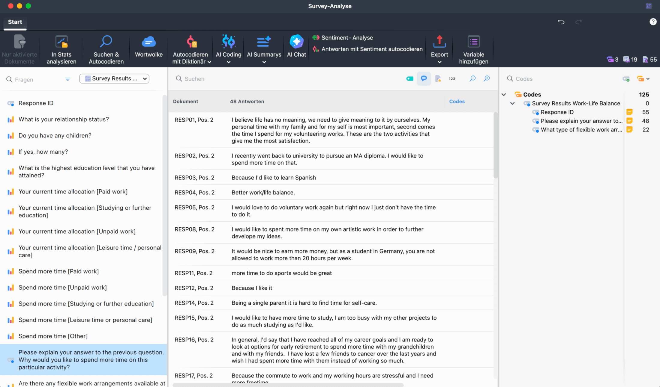 Die Oberfläche der qualitativen Analyse mit Antworttabelle und Codesystem