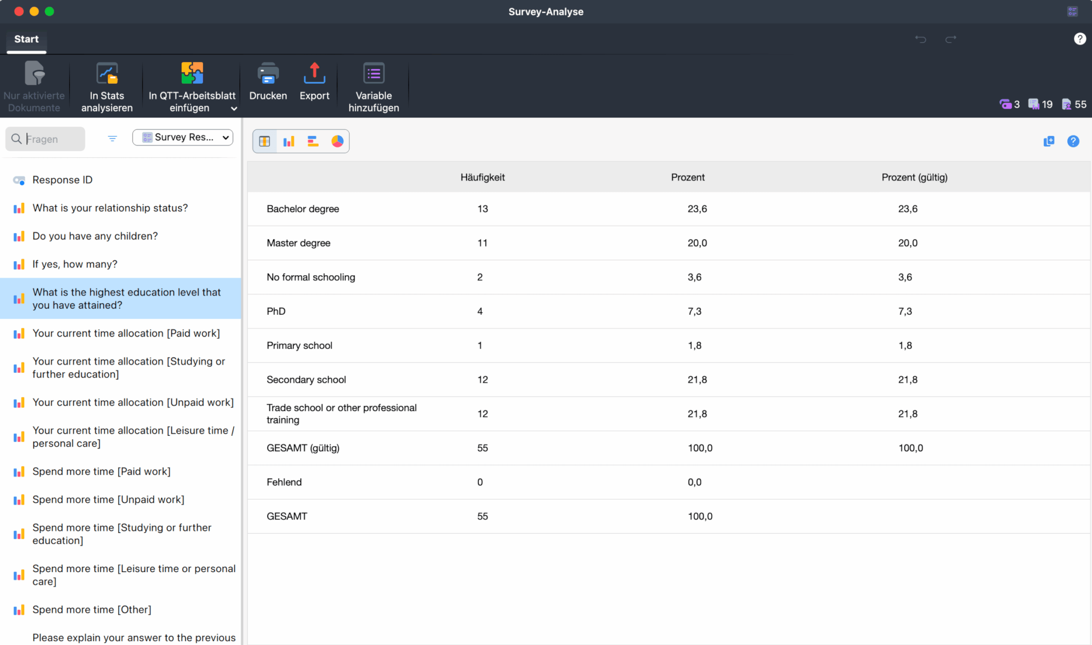 Tabellenansicht quantitativer Survey-Antworten