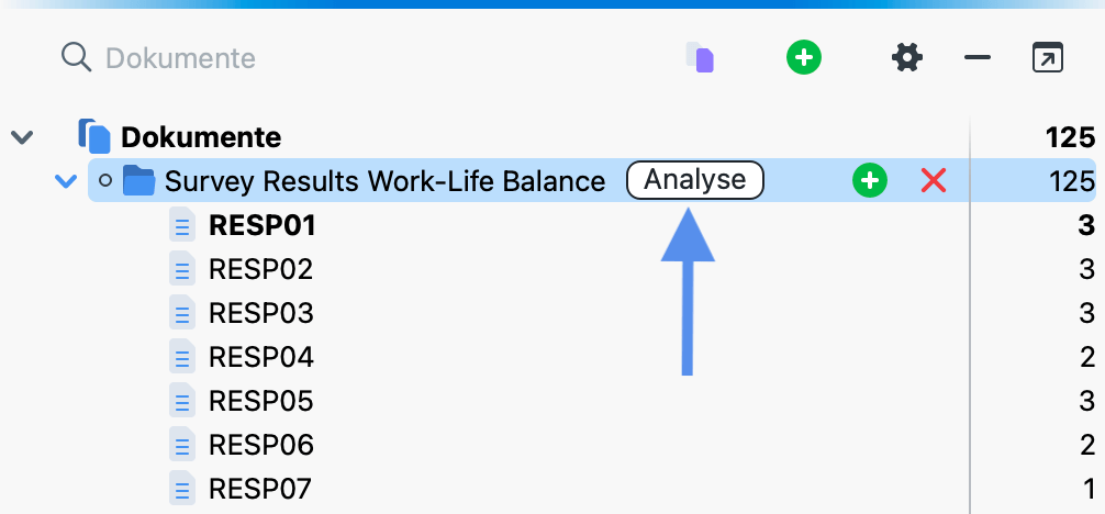 Screenshot, der die Schaltfläche „Analysieren“ neben einem Umfragenamen im Dokumentensystem zeigt