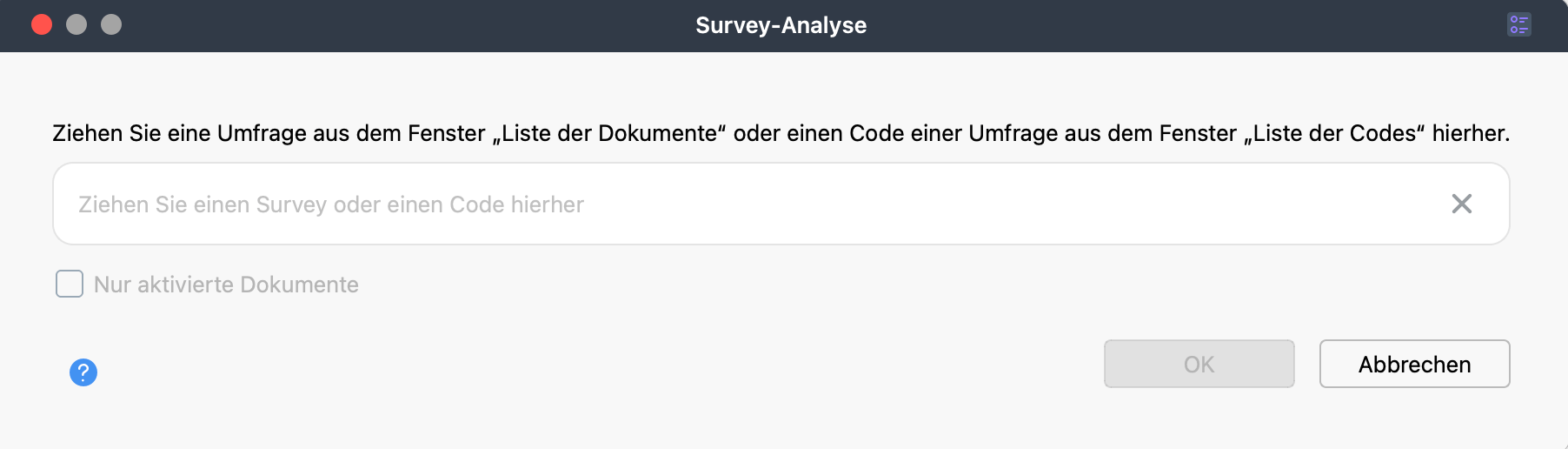 Screenshot, der das Dialogfeld „Survey-Analyse“ mit dem Drag-and-Drop-Bereich zeigt