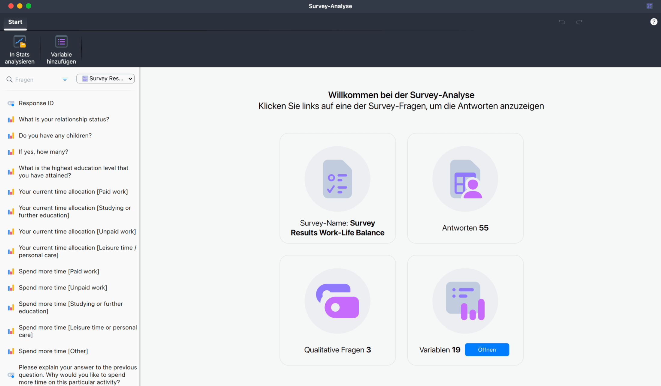 Screenshot mit dem Begrüßungs-Dashboard der Survey-Analyse