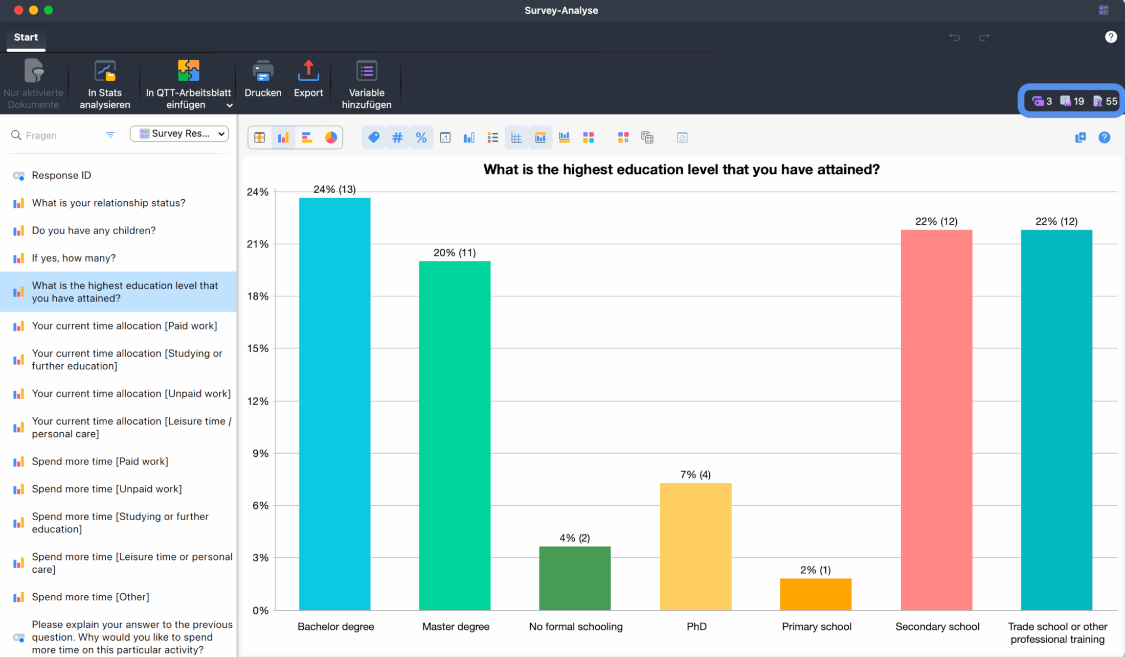 Screenshot showing the survey information in the main menu