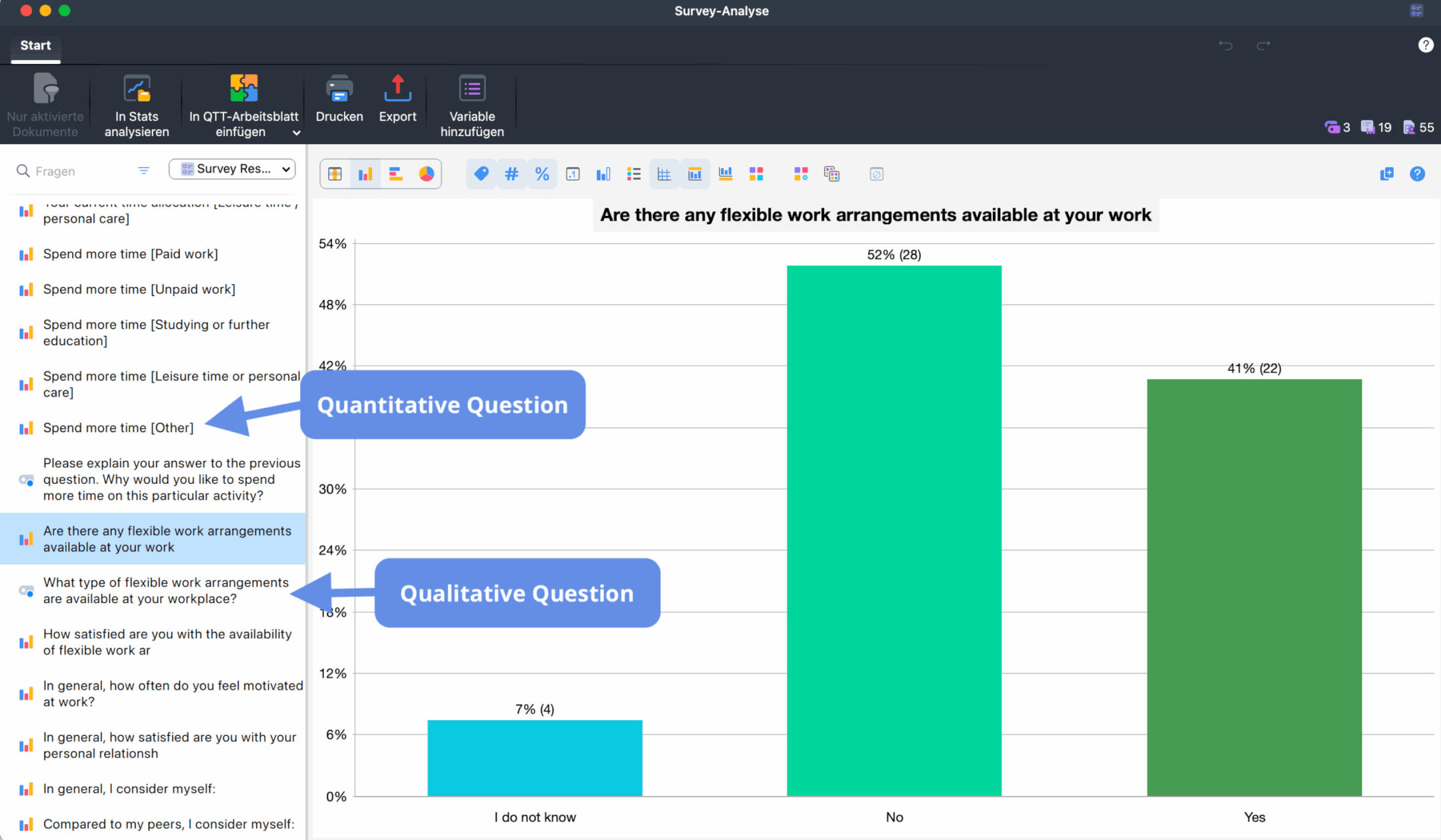 Screenshot, der den „Fragen-Browser“ auf der linken Seite des Arbeitsbereichs zeigt, in dem sowohl quantitative als auch qualitative Fragen angezeigt werden.