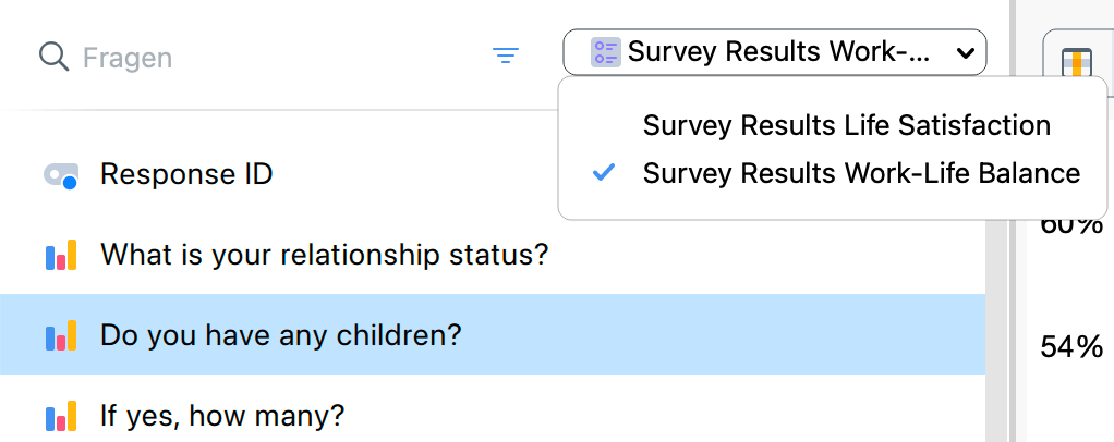 Screenshot mit dem Dropdown-Menü zur Navigation zwischen Umfragen im Fragen-Browser