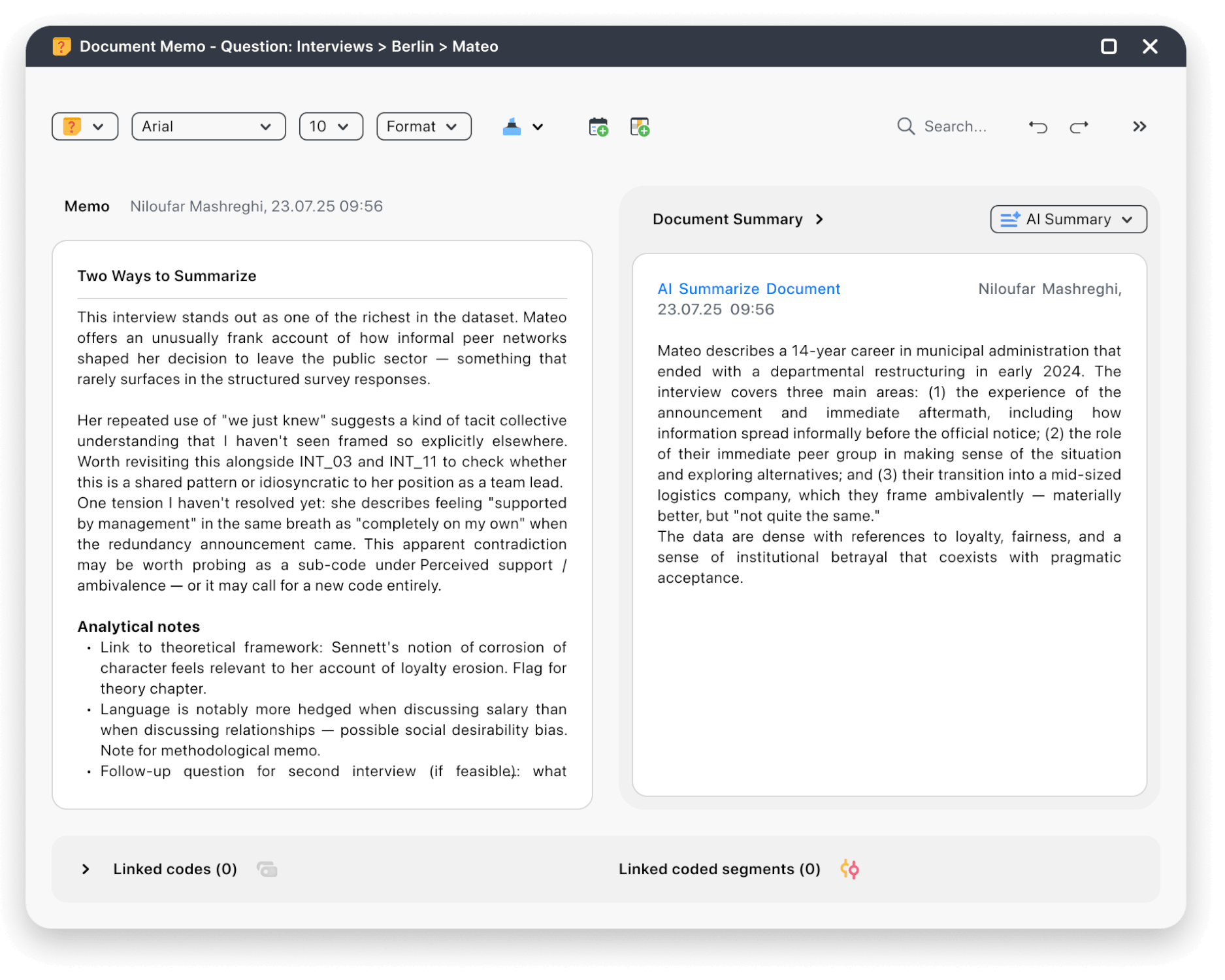A MAXQDA memo window displaying redesigned memo layout with a collapsible document summary panel with example data.
