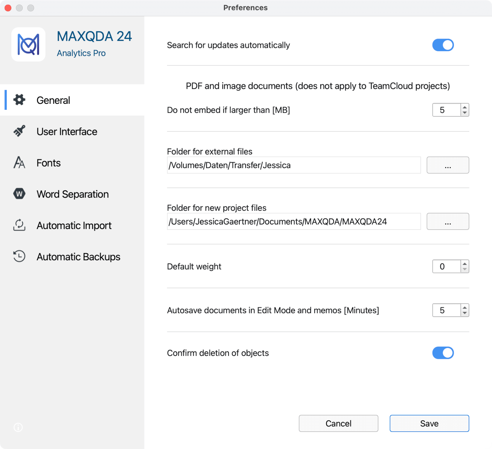 MAXQDA settings window for backup