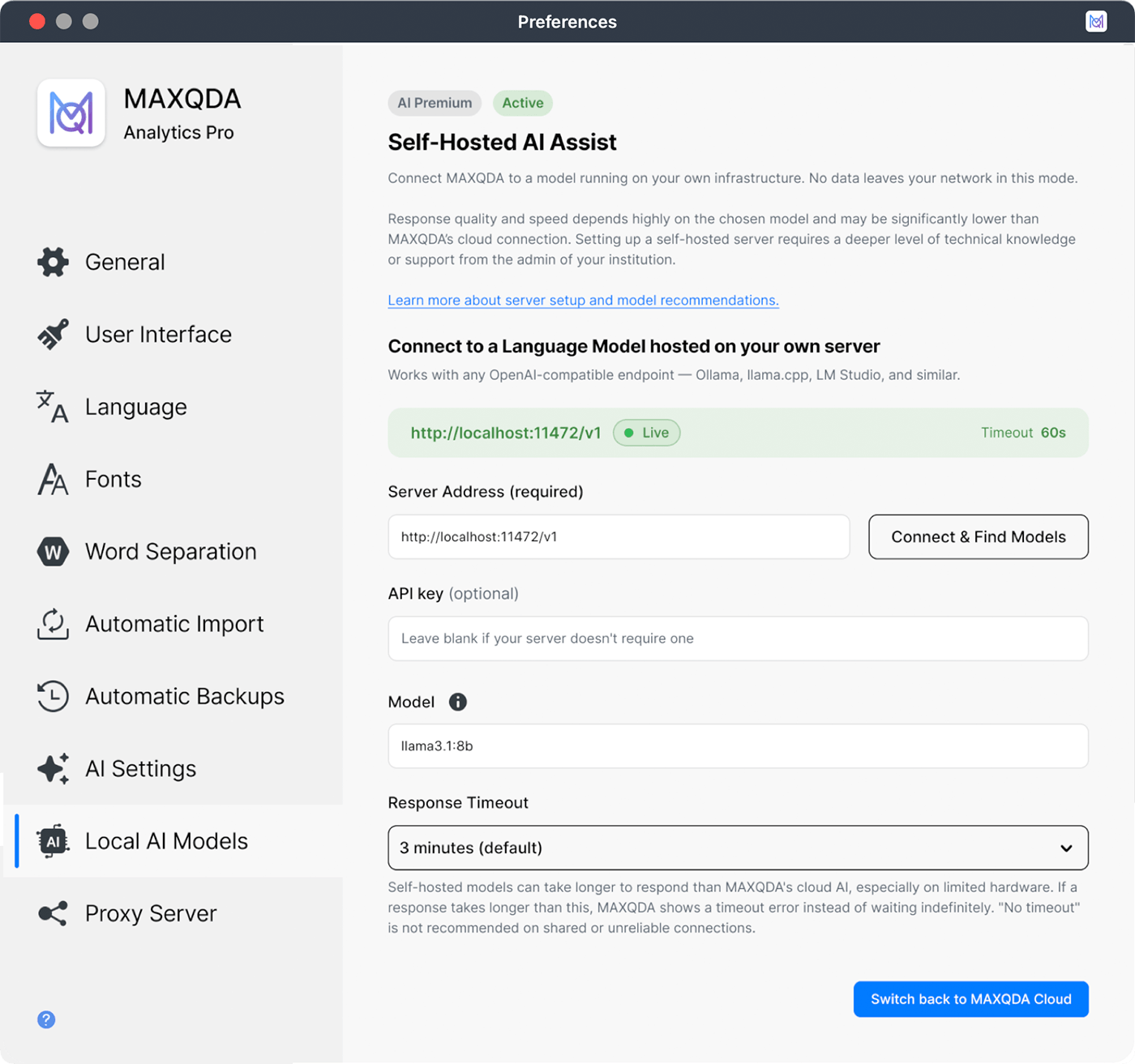 Diagramm: MAXQDA AI Assist verbindet sich mit einem lokalen LLM auf dem eigenen Computer oder Server