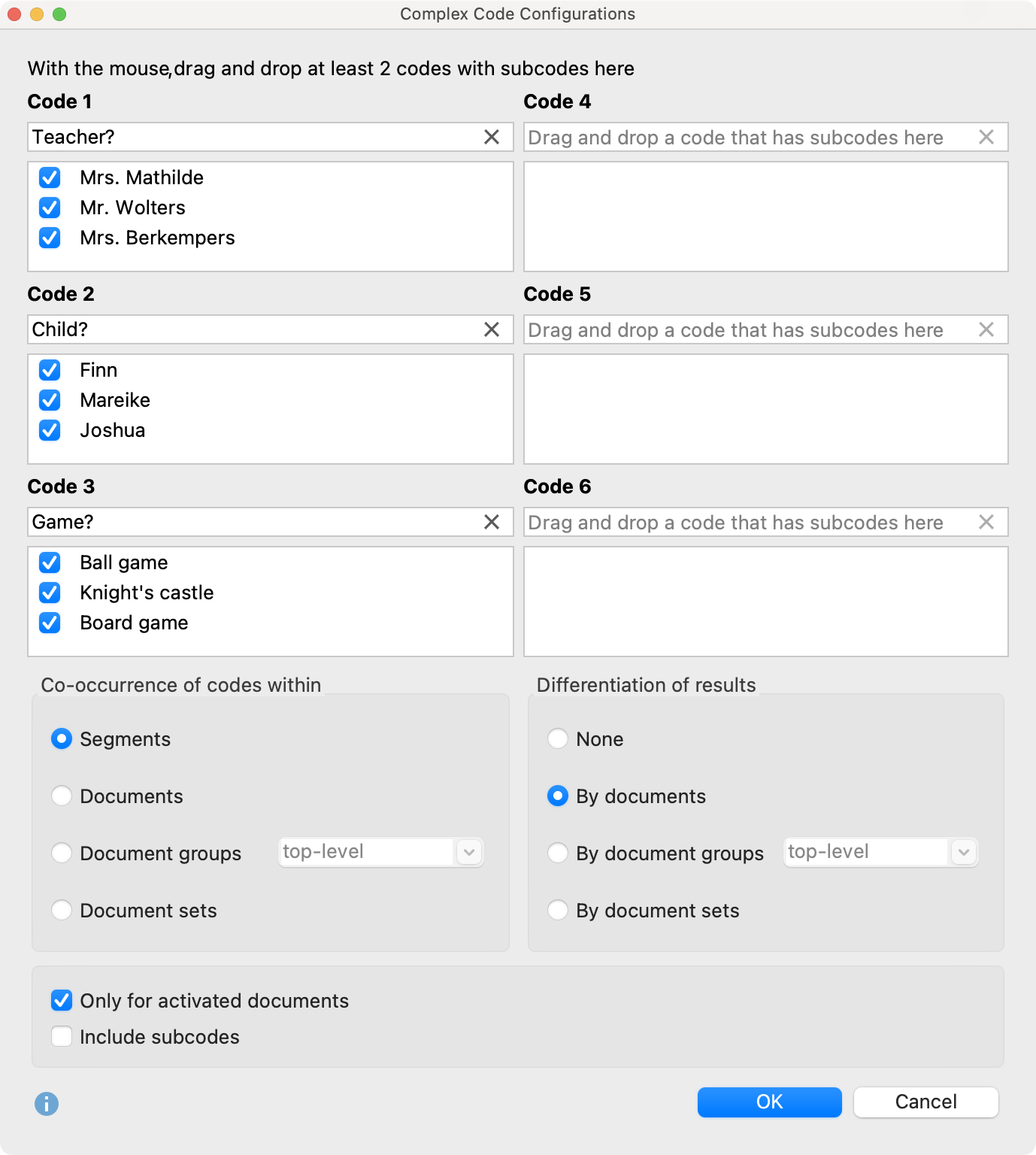 Selecting codes for Complex Code Configurations