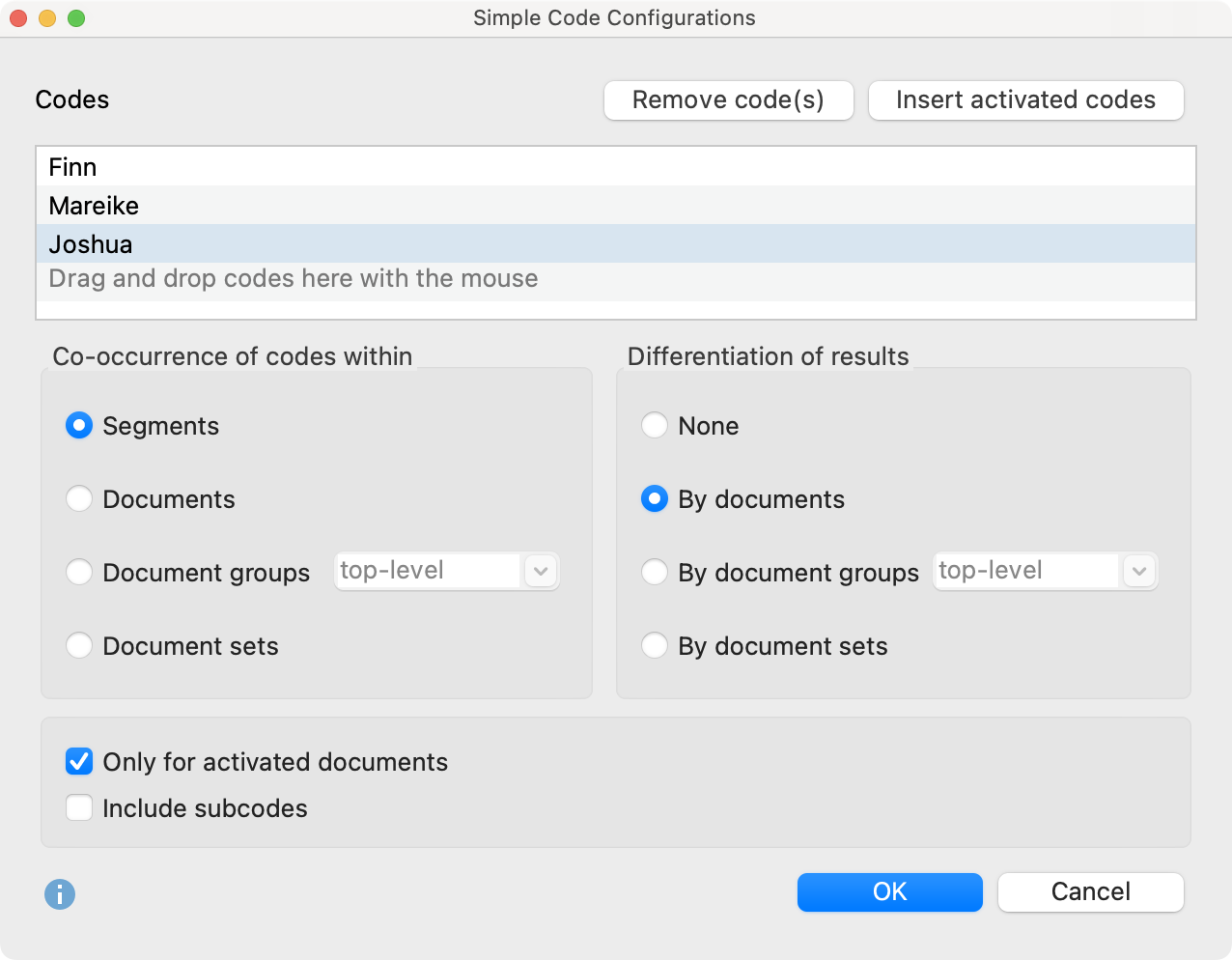 Selecting codes for Simple Code Configurations