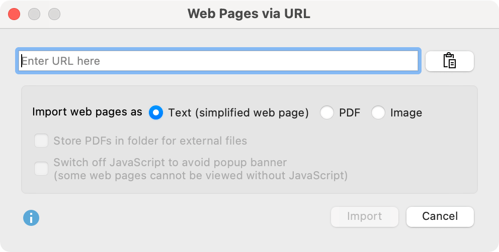 Dialog for importing a web page via URL