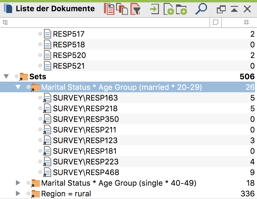 Erstellte Dokumentsets in der „Liste der Dokumente“ des MAXQDA-Projekts Erstellte Dokumentsets in der „Liste der Dokumente“ des MAXQDA-Projekts