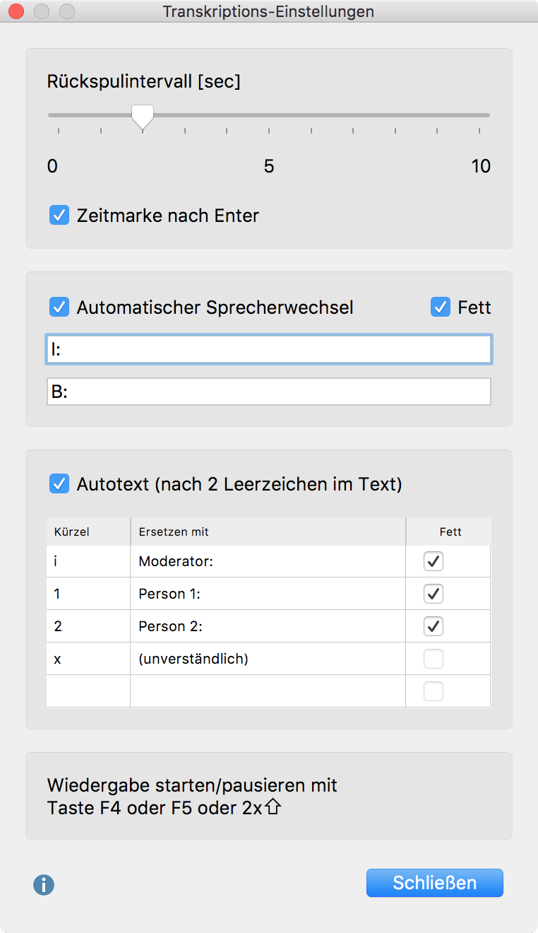 Transkriptions-Einstellungen Transkriptions-Einstellungen für automatischer Sprecherwechsel und Autotext