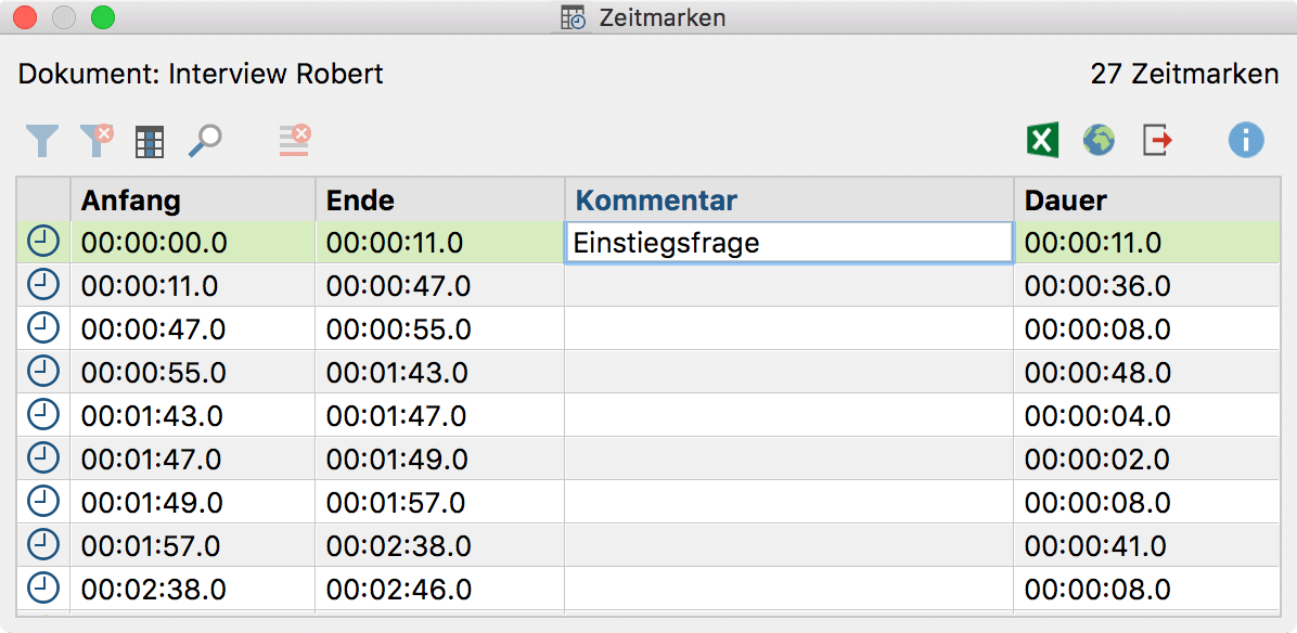 Die „Übersicht Zeitmarken“ listet alle Zeitmarken eines Transkripts Die „Übersicht Zeitmarken“ listet alle Zeitmarken eines Transkripts