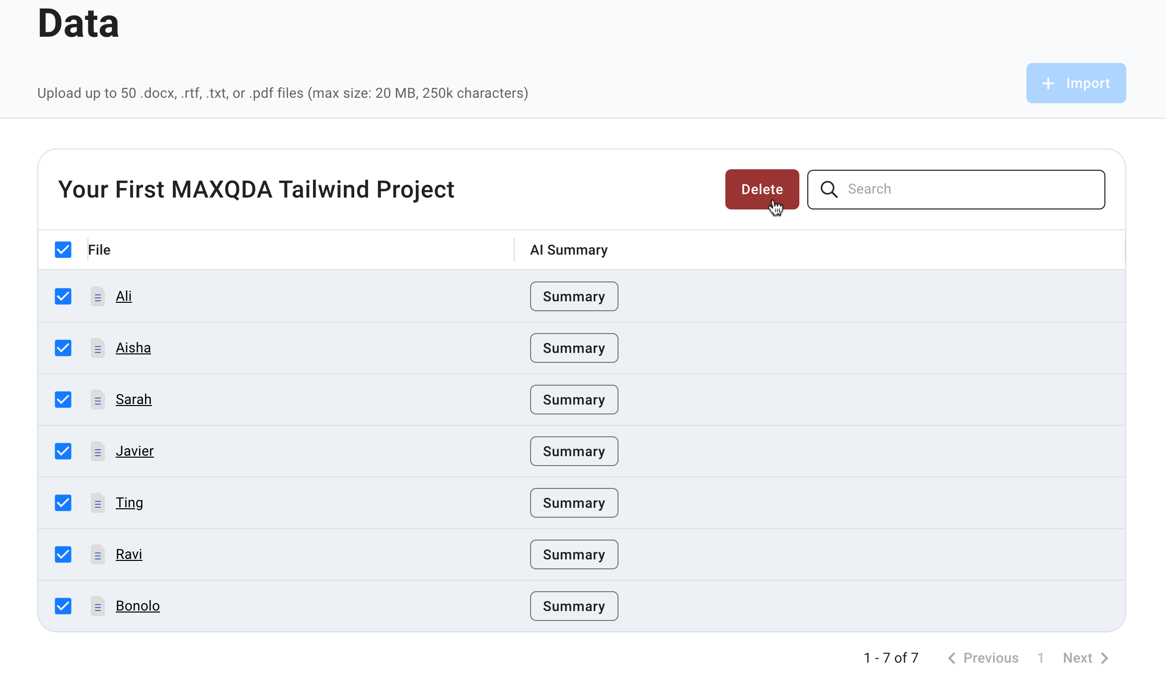 Screenshot of the process of deleting multiple files at once in MAXQDA Tailwind